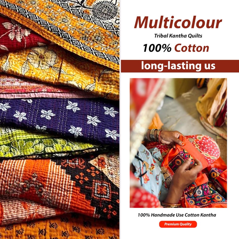 Mycrafts مجموعة 5 قطع من لحاف كانثا الهندي بالجملة من ماي كرافتس - لحاف كانثا قبلي عتيق مصنوع يدويًا - بطانية باتش كانثا - رمي كانثا - هيبي بوهيمي من ساريس قديمة مصنوعة من كانثا - لحاف توأم - Image 5